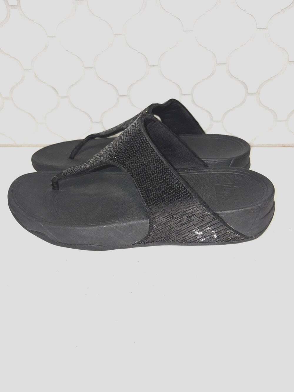Fitflop Women’s Electra Black Sequin Slide On Sandals Sz 10 Flip Flops Wedge